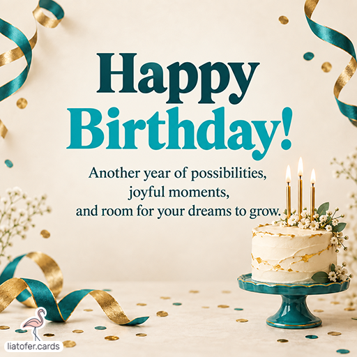Happy Birthday Card with Cake – Teal, Gold & New Possibilities