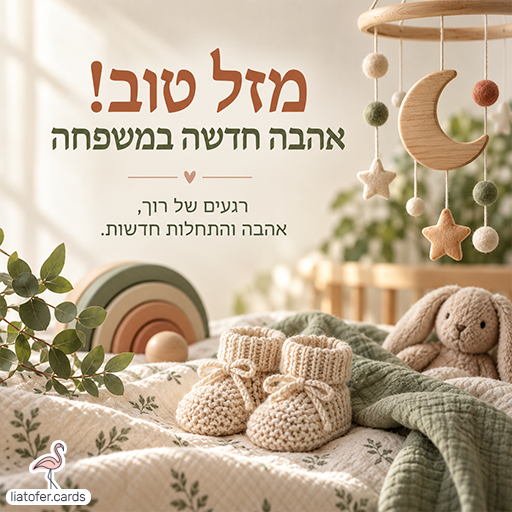כרטיס ברכה להולדת תינוק עם הכיתוב מזל טוב, אהבה חדשה במשפחה, נעלי תינוק סרוגות, ארנב ומובייל ירח בגוונים טבעיים