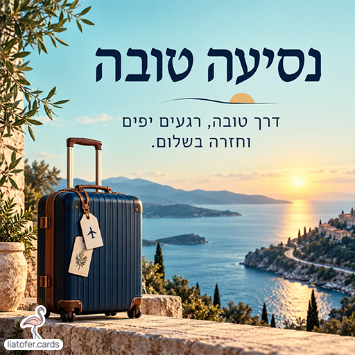 כרטיס ברכה לנסיעה טובה עם הכיתוב דרך טובה, רגעים יפים וחזרה בשלום, מזוודה כחולה מול נוף ים והרים בשקיעה
