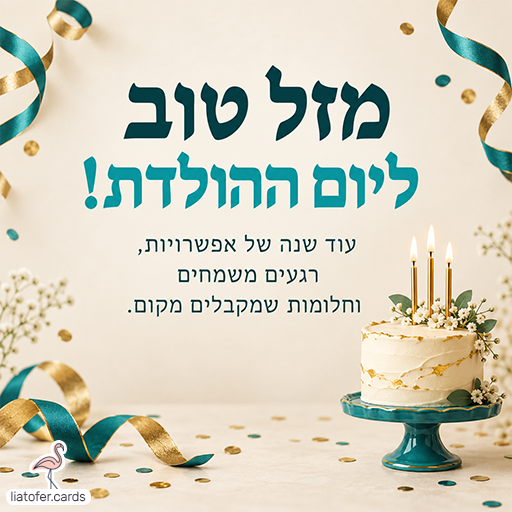 כרטיס יום הולדת בגווני טורקיז וזהב עם עוגה לבנה, נרות דולקים, פרחים וסרטים. הכיתוב: מזל טוב ליום ההולדת! עוד שנה של אפשרויות, רגעים משמחים וחלומות שמקבלים מקום.