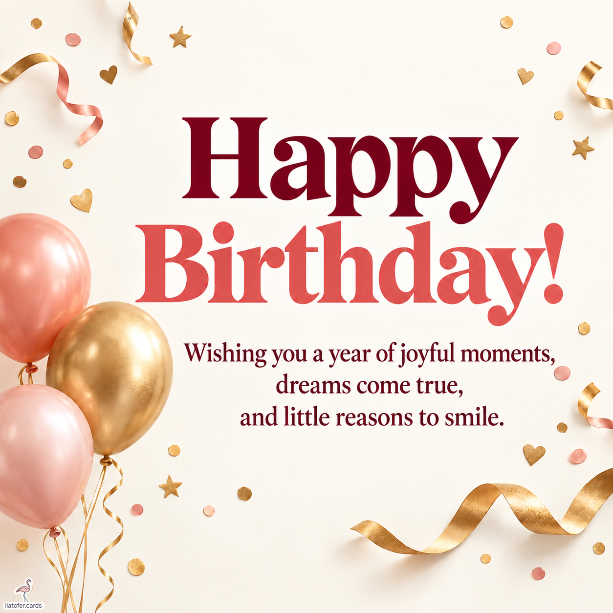 Happy Birthday Card with Coral & Gold Balloons – Joyful Wishes